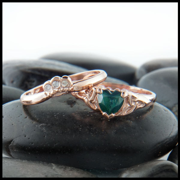 Evergreen Topaz and diamond claddagh ring set