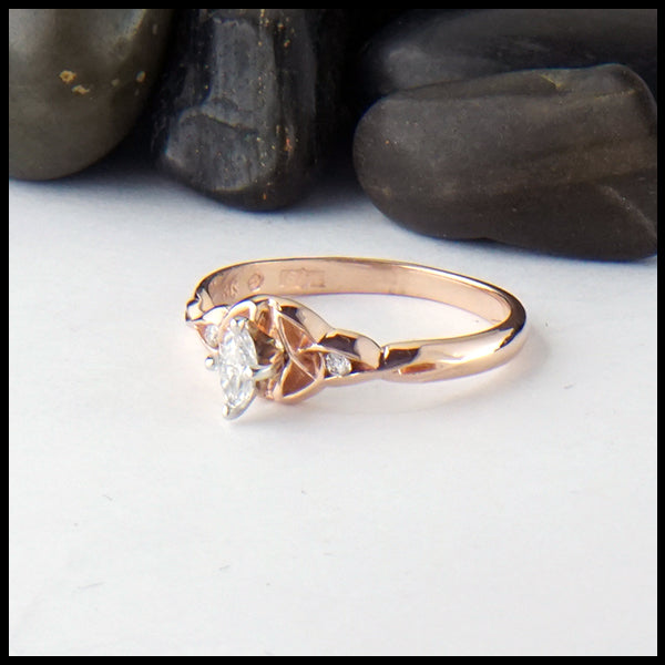 Marquise reclaimed diamond ring with trinity knots in 14K Rose gold