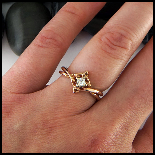 Princess cut reclaimed diamond interlocking rings in 14K rose gold