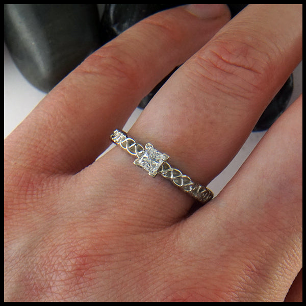 Heart Knot ring in 14KW with Reclaimed Diamond shown on hand