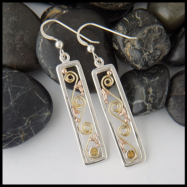 Long Drop Earrings in Sterling Silver and Gold with Citrine