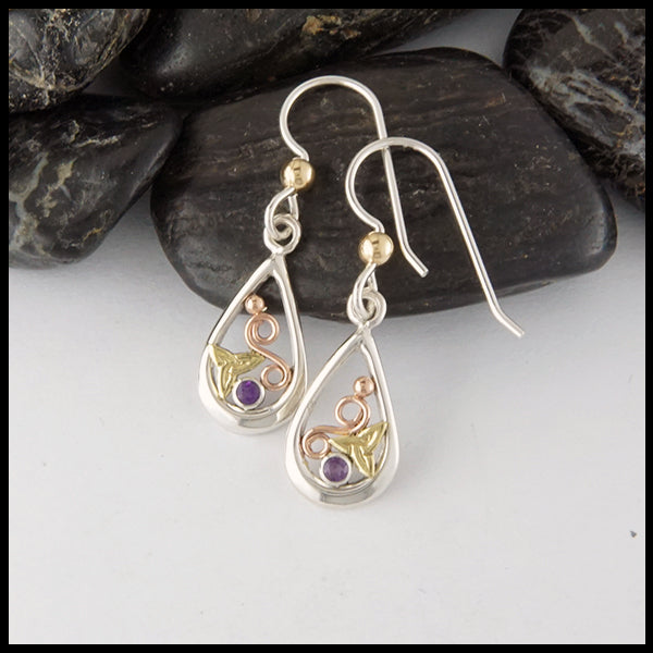 Dainty trinity earrings in silver and gold with amethyst