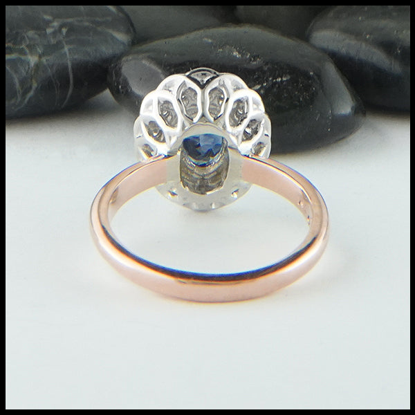 Reverse view of Montana Sapphire Halo Ring