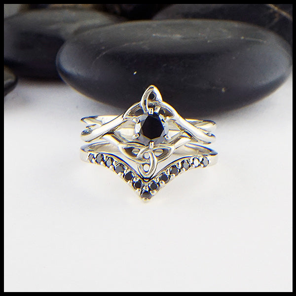 Black Diamond Interlocking Wedding Set with Black Diamond Chevron Band