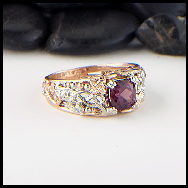 Purple Garnet and Diamond custom ring in 14K White and Rose gold