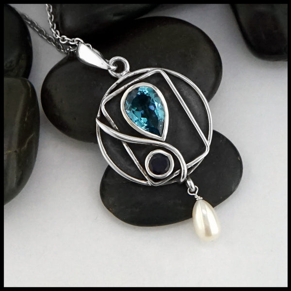 silver pendant with blue topaz, iolite and pearl 