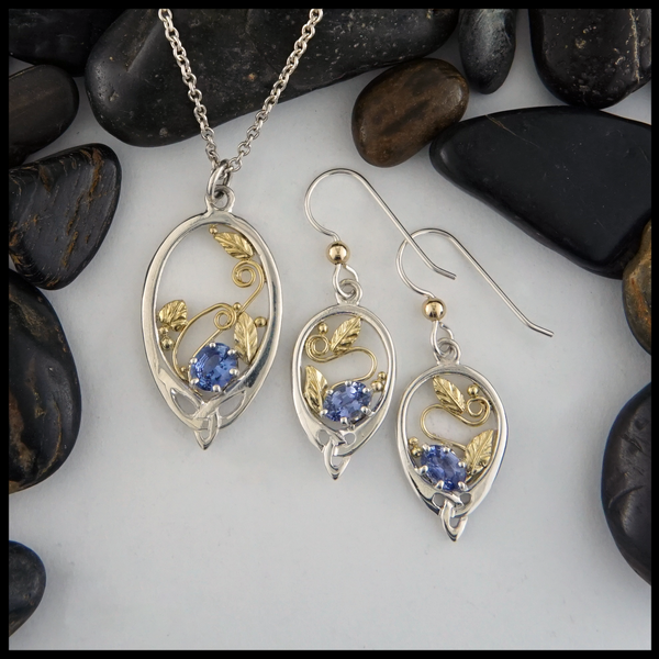 Custom Ceylon Sapphire Pendant and Earring set in silver and gold