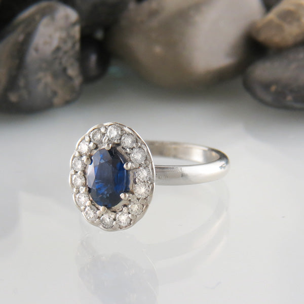 Oval Blue Sapphire and Diamond Classic Scalloped Halo