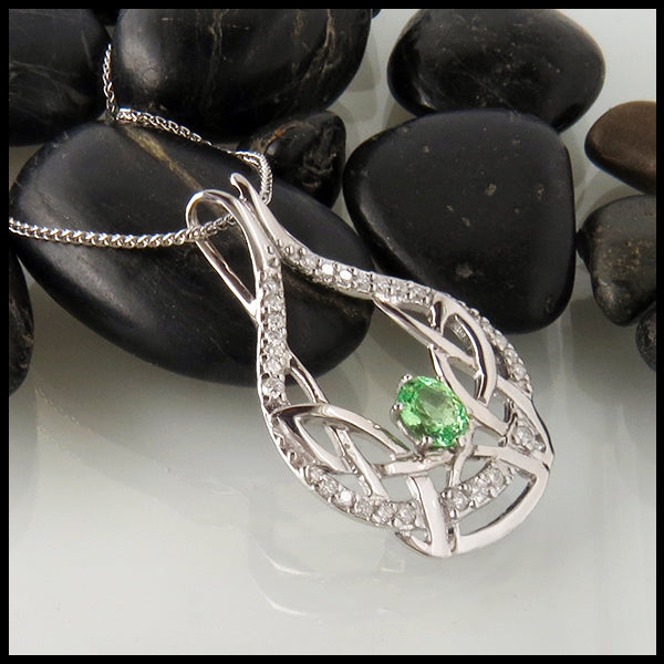 Custom Celtic Pendant with diamonds and Mint garnet