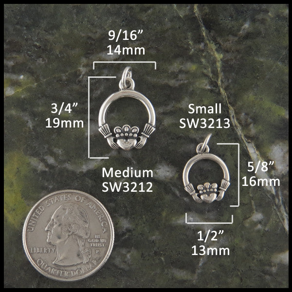 Medium claddagh pendant measures 3/4" by 9/16" and small claddagh pendant measures 5/8" by 1/2"