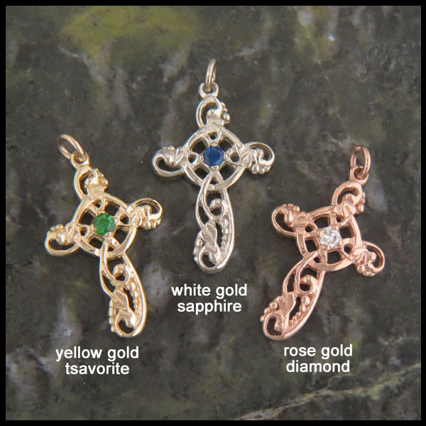 Feminine Celtic Cross in 14K Gold with Gemstones