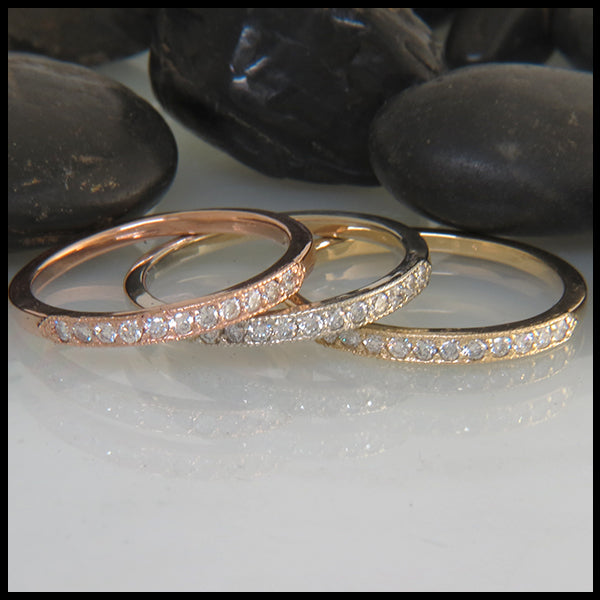 14k rose white and yellow gold narrow milgrain stacking rings set with diamonds