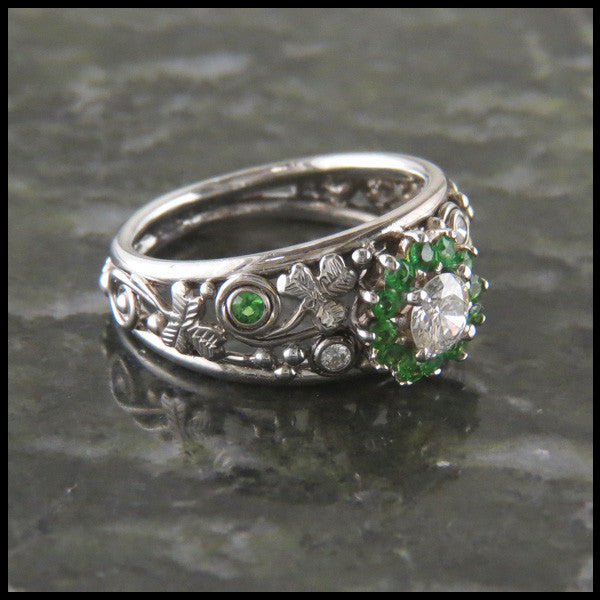 Tsavorite Garnet Halo and Shamrock Custom Celtic Ring