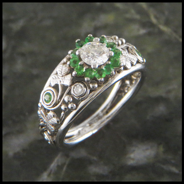 Tsavorite Garnet Halo and Shamrock Custom Celtic Ring
