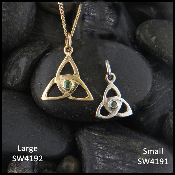 Celtic Triquetra necklace with gemstones in 14K Yellow, Rose and White Gold handcrafted by Walker Metalsmiths