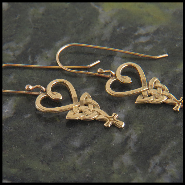 Celtic Knot Earrings in Gold, An Teor Heart Trinity Cross Knot