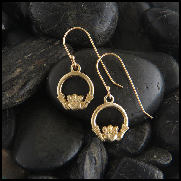 Claddagh Drop Earrings in 14K Gold