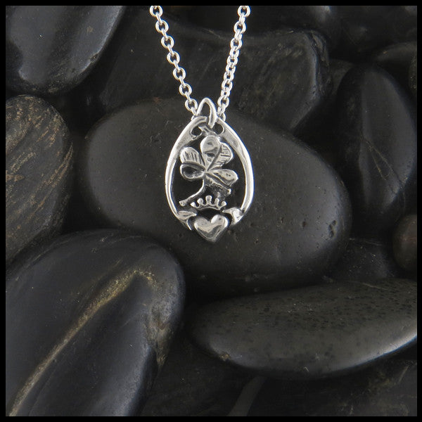 Irish Claddagh and Shamrock pendant in Sterling Silver