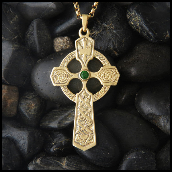 Large Celtic Trinity and Dove Cross in 14K Gold with Gemstones