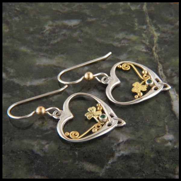 Shamrock earrings in Gold and Silver with Emeralds