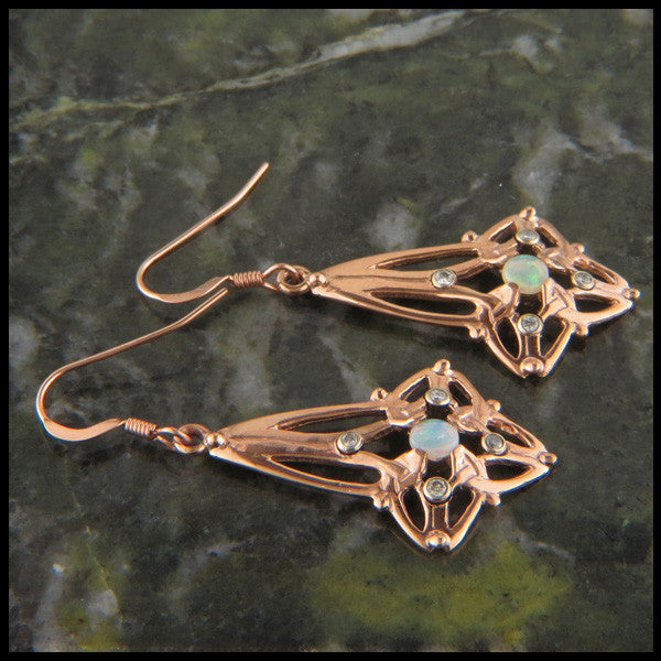 Celtic Triquetra earring set in 14K Gold with Diamonds and Opals