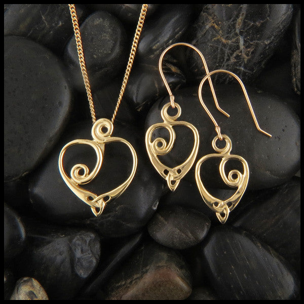 Gold Celtic Spiral Heart pendant and earring set