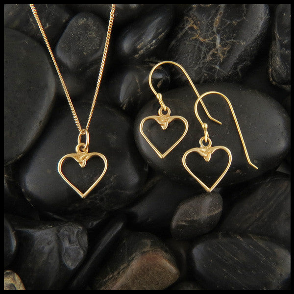 Dainty Celtic Knot Heart pendant and earring set in 14K Gold