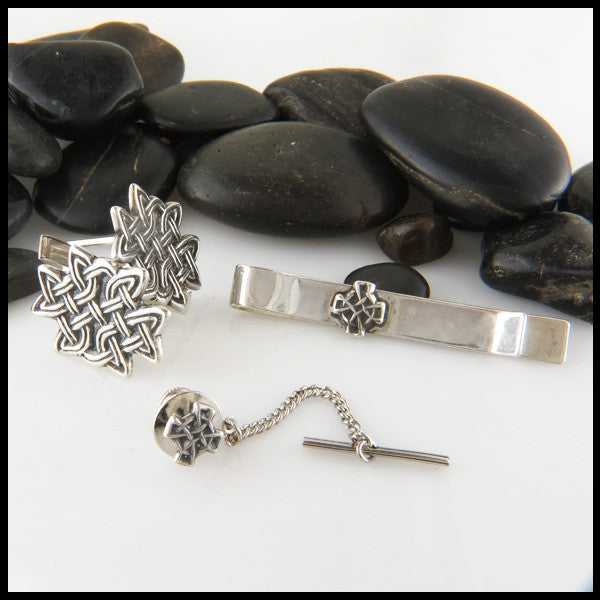 Men's Celtic Knot Jewelry Set, Cufflinks, Tie Bar or Tie Tac in Sterling Silver