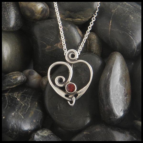 Spiral Celtic Heart pendant and earring set in Sterling Silver with Garnet