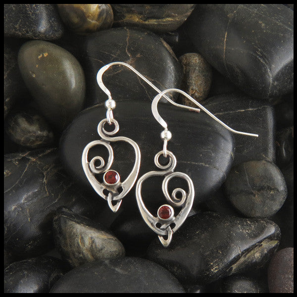 Celtic Heart Spiral Drop earrings in Sterling Silver with Garnet