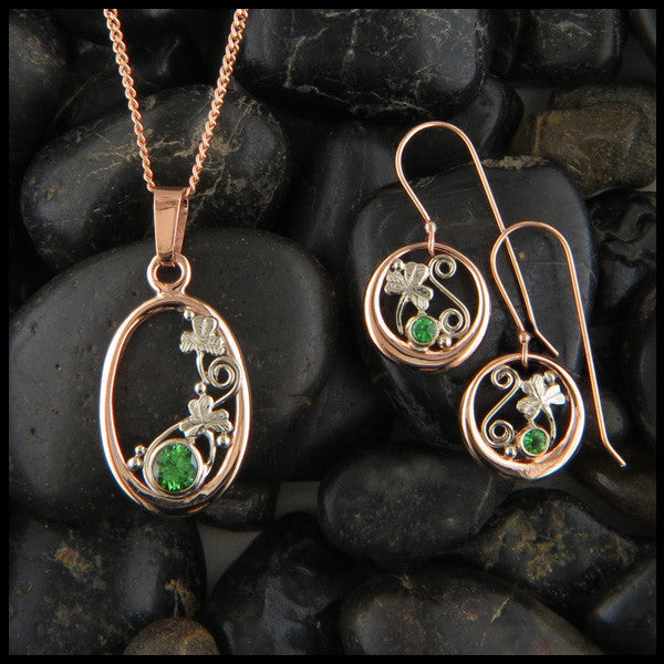 14K Rose and White Gold Celtic Drop earrings with Tsavorite Garnet