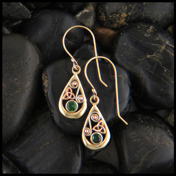 Teardrop pendant and earring set in 14K Gold with Triquetras and Tsavorite