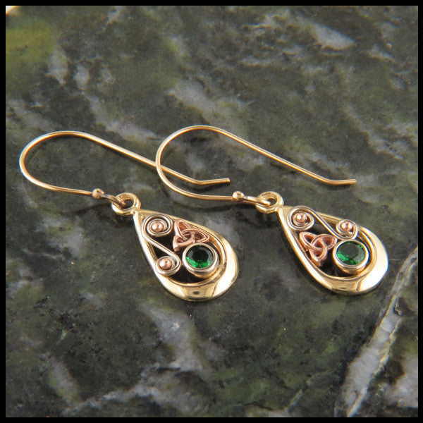 Teardrop pendant and earring set in 14K Gold with Triquetras and Tsavorite