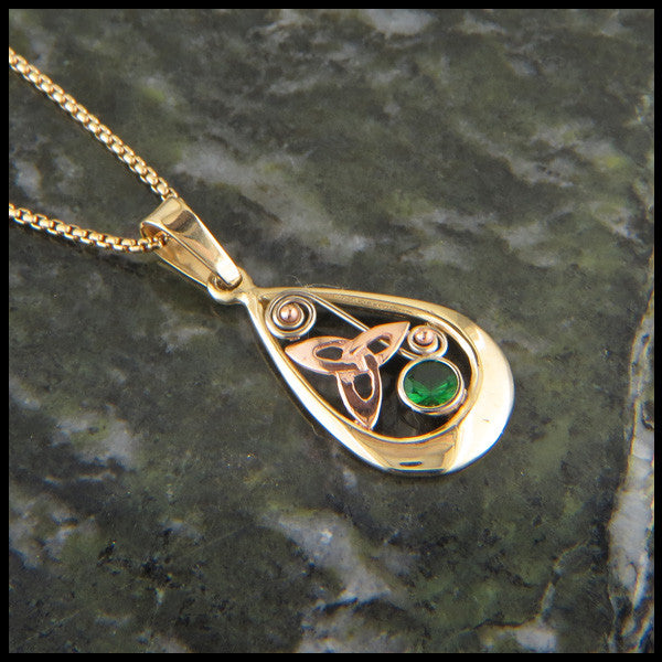 Teardrop pendant and earring set in 14K Gold with Triquetras and Tsavorite