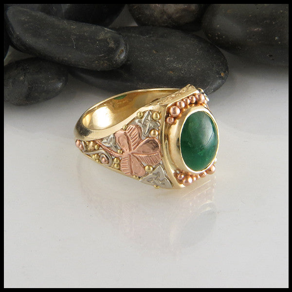 trigold emerald cabochon spiral shamrock triquetra rose white yellow green irish celtic ring 