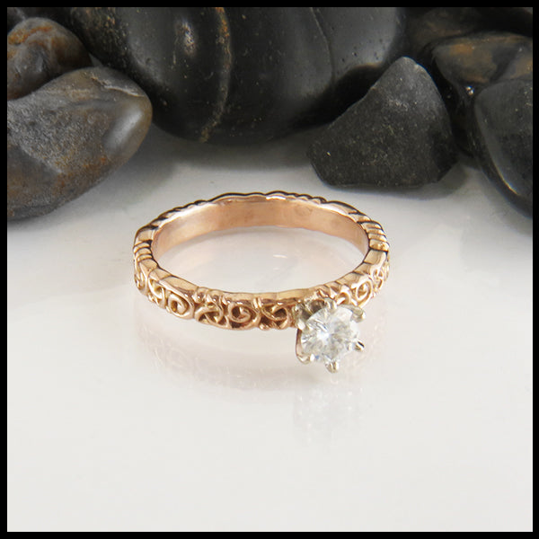 Celtic Trinity Scroll Moissanite Engagement Ring in 14K Rose Gold