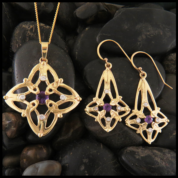 Trinity Star Pendant and Earring Set with Amethyst & Diamond