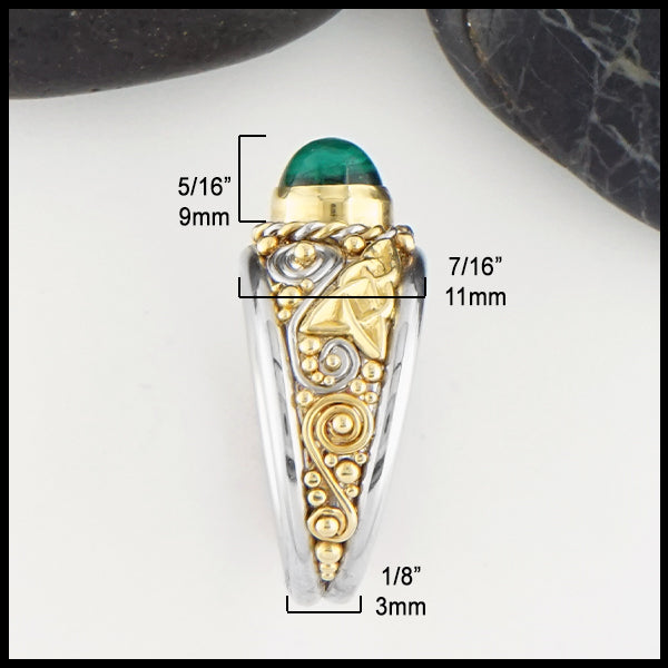 dimensions of custom emerald ring.  3mm at narrowest, 11mm at widest. emerald stands 9mm from face of the ring.