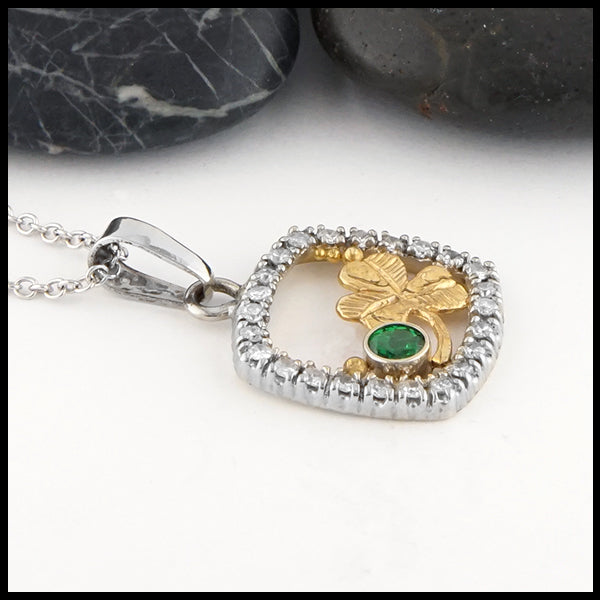 Profile view of Gold Celtic Shamrock and Diamonds Pendant