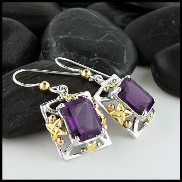 Profile view Amethyst Frame Earrings in Silver and Gold