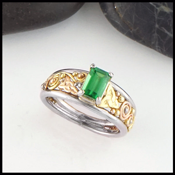 Emerald Cut Tsavorite Ring in yellow, white, and rose gold