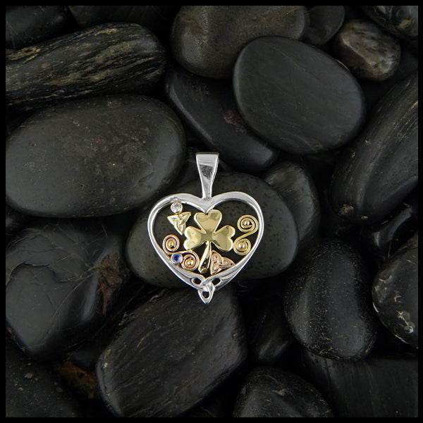 Custom shamrock heart pendant in silver and gold with sapphire and diamond