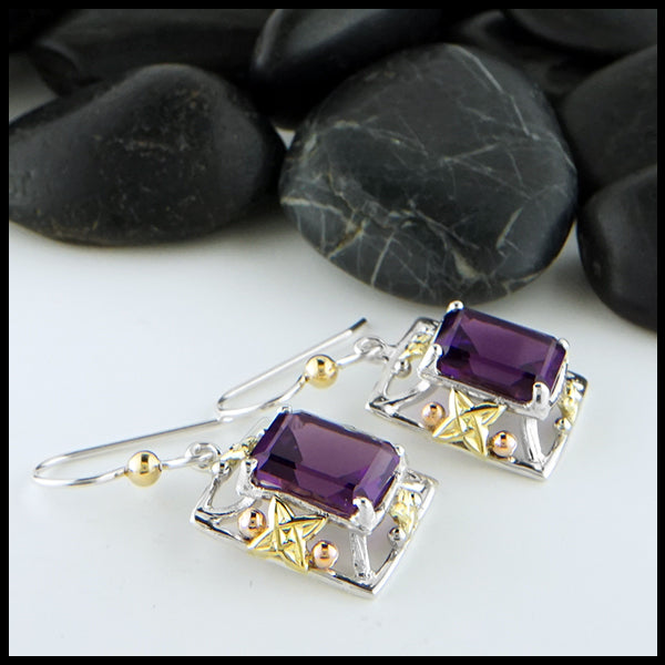 Profile view Amethyst Frame Earrings in Silver and Gold