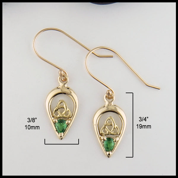 3/4 by 3/8 inch Tsavorite and Trinity Knot Drop Earrings