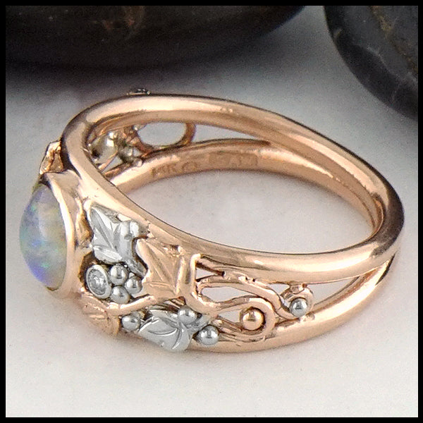 Profile view of Opal with Celtic Ivy Gold ring