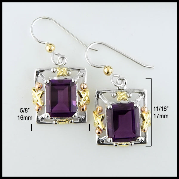11/16 by 5/8 inches Amethyst Frame Earrings in Silver and Gold