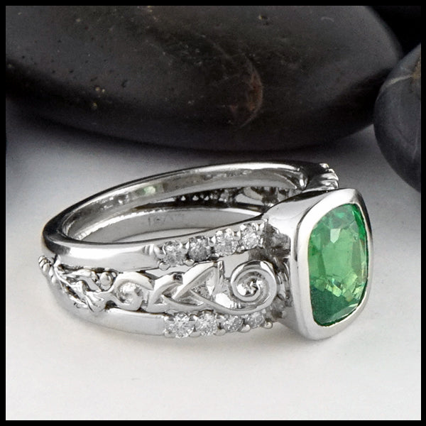 Profile view of Bridges Tsavorite and Diamond Gold Ring