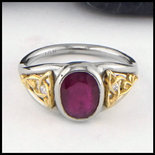 Ruby and Diamond Celtic ring in gold