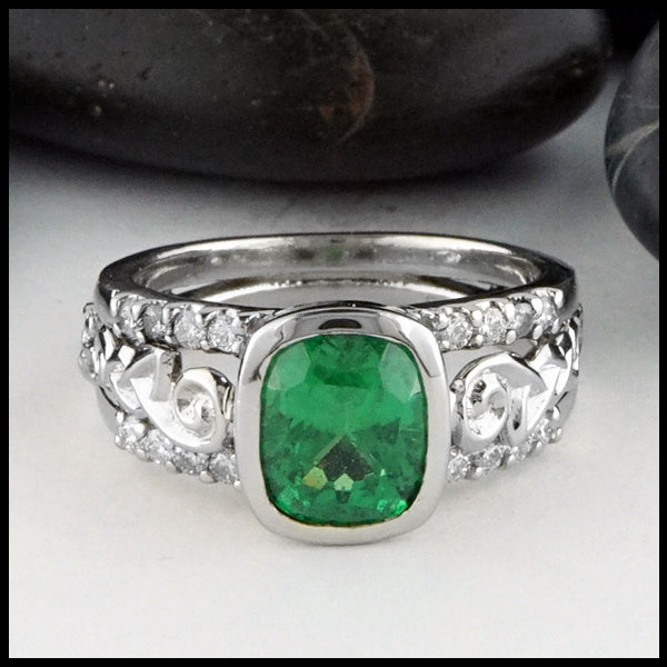 Front view of Bridges Tsavorite and Diamond Gold Ring