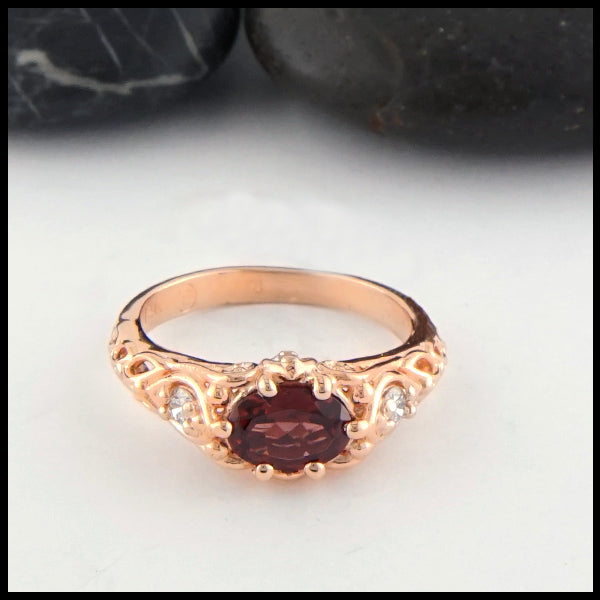 Front view of Rhodolite Garnet and Diamond Gold Ring